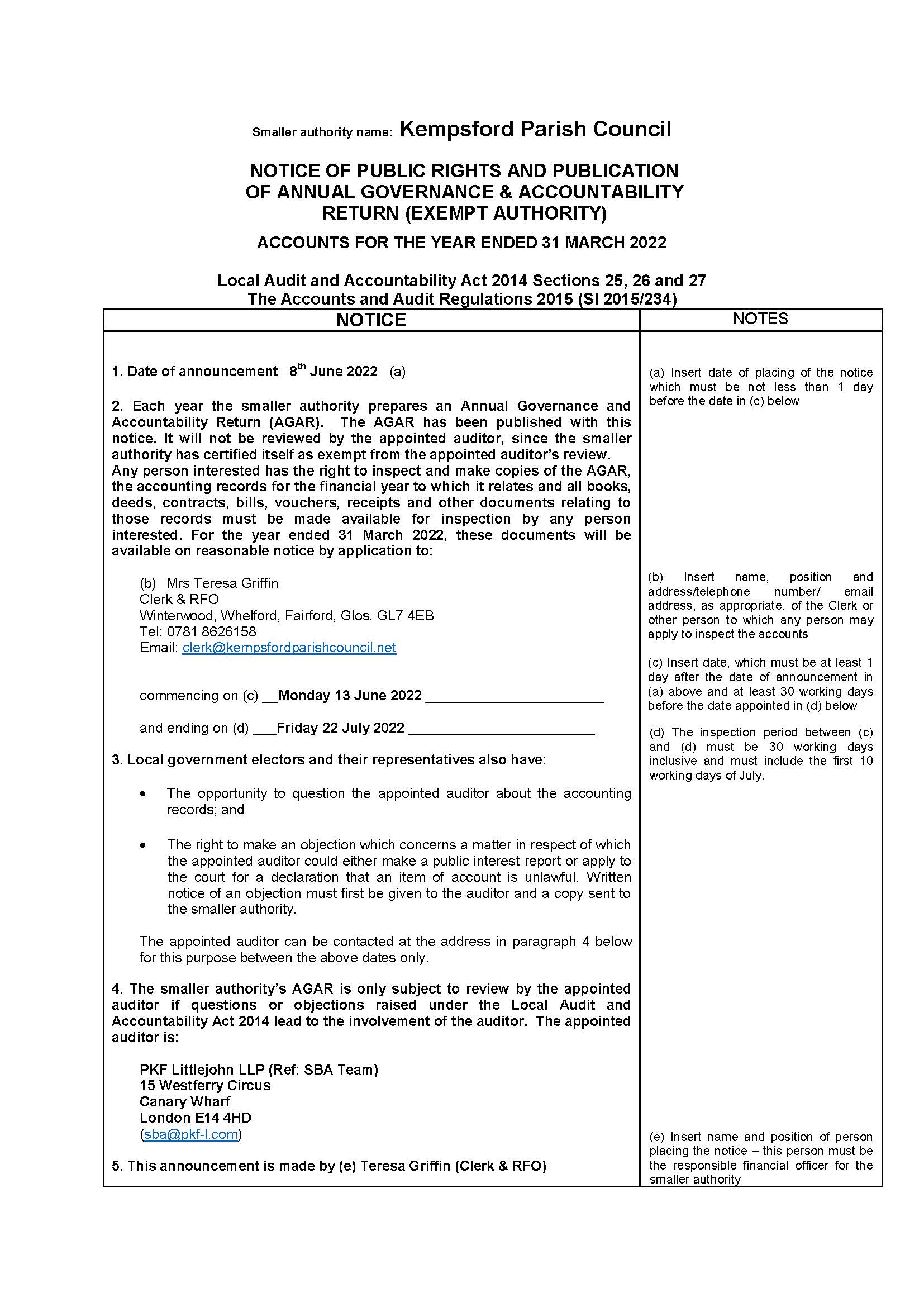 NOTICE OF PUBLIC RIGHTS AND PUBLICATION OF ANNUAL GOVERNANCE & ACCOUNTABILITY RETURN (EXEMPT AUTHORITY)